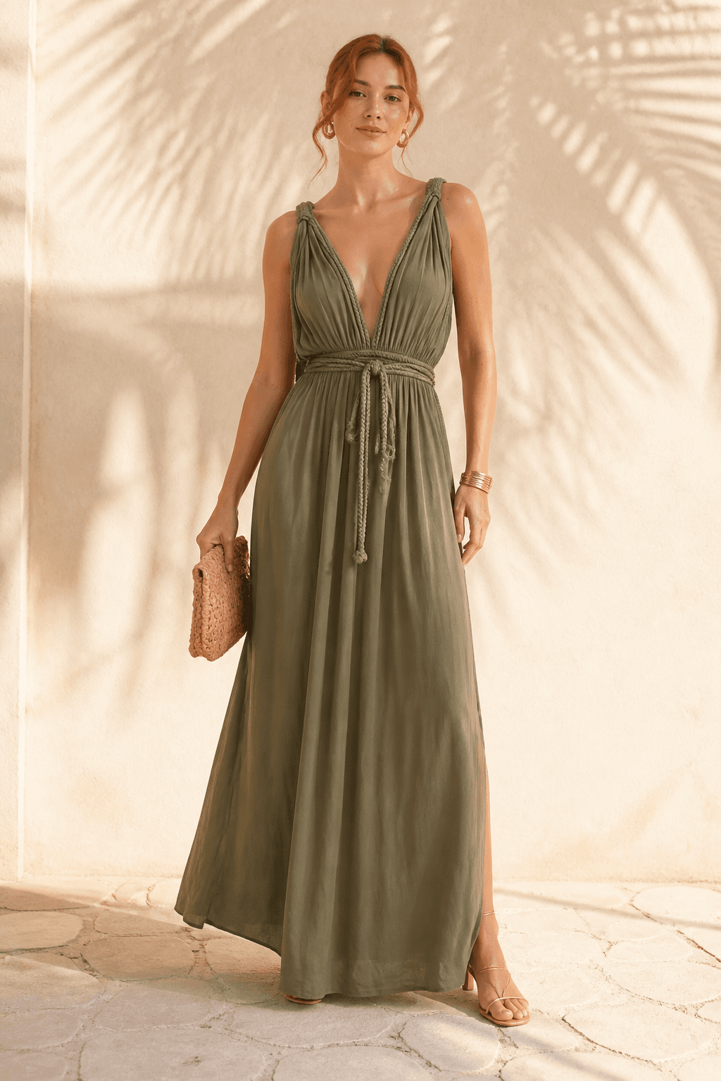 Look completo da coleção Solaris com vestido longo verde de amarração trançada